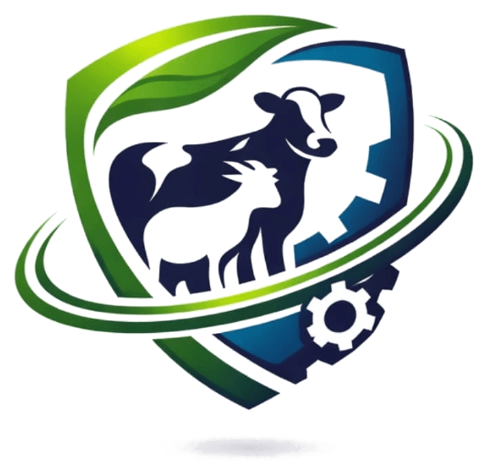 Logo VimagriTech menampilkan kambing, sapi perah, dan elemen mekanis sebagai simbol ekosistem peternakan modern.